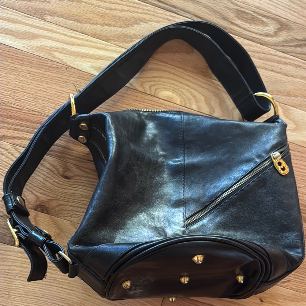Marino Orlandi Black and Gold Shoulder Bag with Glossy Finish